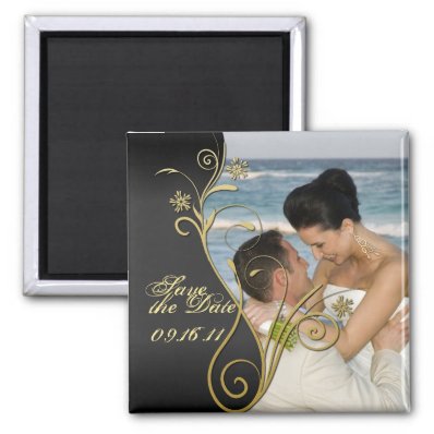 Save the Date Classy Black & Gold Floral Magnet