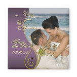 Save the Date Classy Purple &amp; Gold Floral Magnet