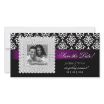 Save the Date Damask Black White Purple Jewels Personalized Photo Card