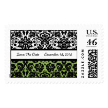 Save The Date Damask On Green Stamp Wedding