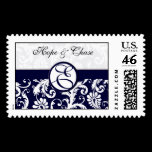 Save The Date Damask On Navy Stamp Wedding
