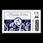 Save The Date Damask On Navy Stamp Wedding