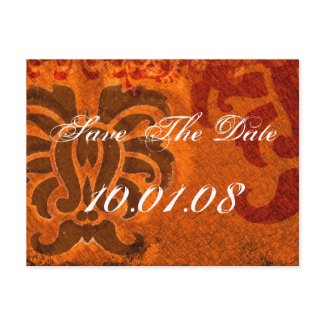 Save The Date - Damask - Orange and Brown postcard