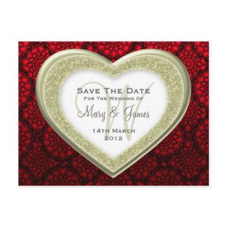Save The Date Glitter Heart Gold Mod Lace Red postcard