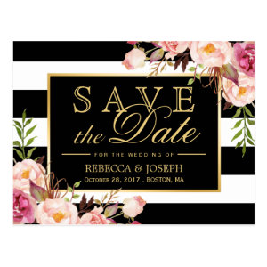 Save the Date - Gold Floral Black &amp; White Stripes
