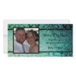 Save the Date Green Ornate Damask Photocard Custom Photo Card