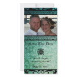 Save the Date Green Ornate Damask Photocard Personalized Photo Card
