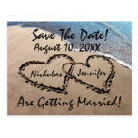 Save The Date Hearts In Sand Wedding Postcard