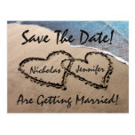 Save The Date Hearts In Sand Wedding Postcard