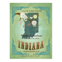 Save The Date - Indiana Map With Lovely Birds Postcards