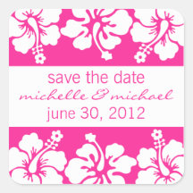 Save The Date Label (Dark Pink Hibiscus) Square Stickers