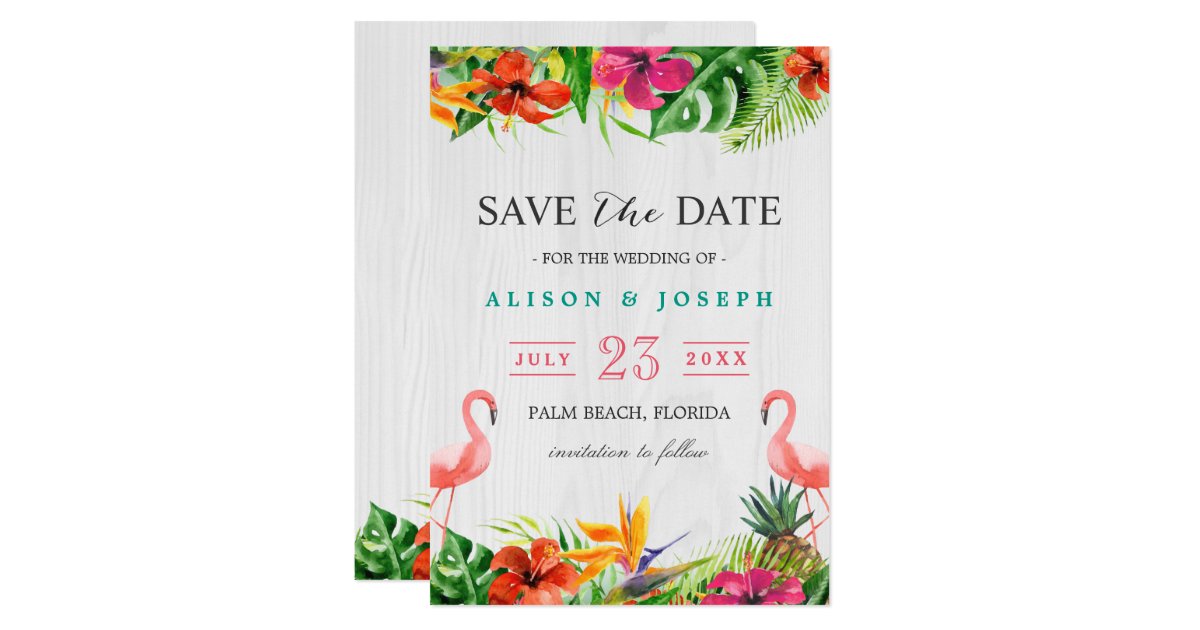 Save The Date | Luau Tropical Floral Flamingo Card | Zazzle