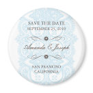 round_magnet - This beautiful Save The Date magnet design features an ornate patterned background in blue with chocolate brown text. It's simply elegant. Customize with your personal information. Ready to dress up your save the date mailings! Additional colors and other coordinating items available in the design. Please visit Two Hearts Wedding Shoppe for a lovely selection of Wedding Postage, Save The Date announcements, Wedding Party Buttons, Bridal Party T-Shirts and other wonderful keepsakes.