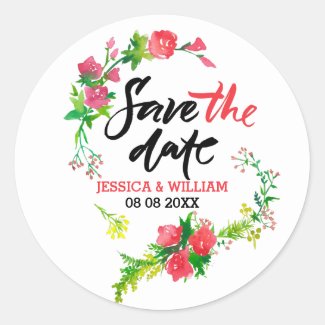 Save The Date Modern text Watercolor Flowers Classic Round Sticker