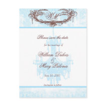 Save the Date Monogram Aqua Chandelier and Damask Postcard