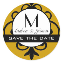 Save the Date Monogram Damask Black Gold Sticker