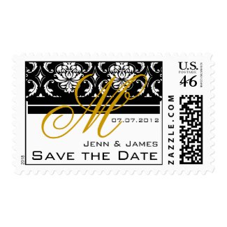 Save the Date Monogram Damask Gold Black Postage stamp
