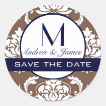 Save the Date Monogram Damask Navy Brown Sticker