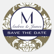 Save the Date Monogram Damask Navy Green Sticker