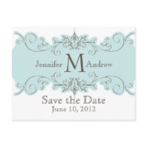 Save the Date Monogram Wedding Blue Swirls Card Postcard