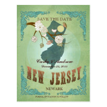 Save The Date - New Jersey Map With Lovely Birds Postcards