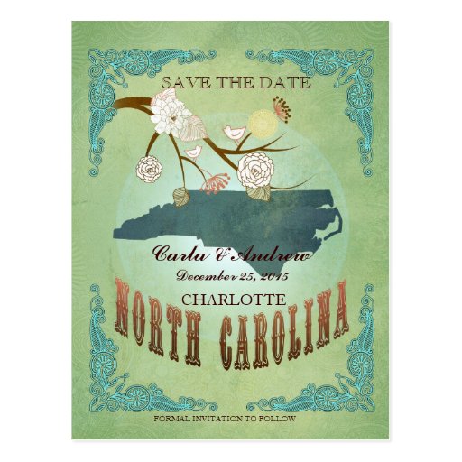 Save The Date- North Carolina Map With Lovely Bird Postcard