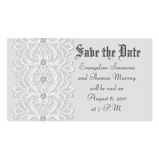 Save the date or rsvp  wide lace with pearls business card templates (front side)