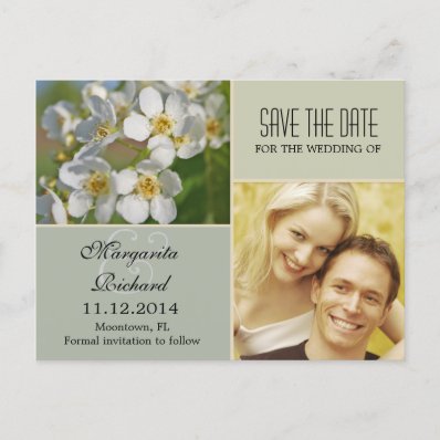 save the date photo postcard with white flowers