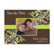 Save the Date photo postcards brown and lime green