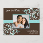 Save the Date photo postcards brown and teal