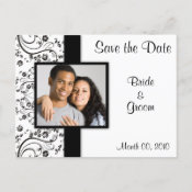 black and white floral scroll Save the Date photo postcards postcard