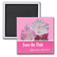 Save the date, pink rhododendron flowers. fridge magnet