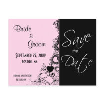 save the date, wedding, married, engaged, engagement, bride, groom, announcement, announce, love, heart, hearts, pink, black, formal, flourish, postcard, postcards, weddings, engagements, Postcard with custom graphic design