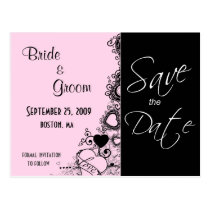 save the date, wedding, married, engaged, engagement, bride, groom, announcement, announce, love, heart, hearts, pink, black, formal, flourish, postcard, postcards, weddings, engagements, Cartão postal com design gráfico personalizado