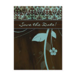 Save the Date Postcard Blue Flower Damask Brown