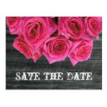 Save The Date Postcard - Hot Pink Roses & Barnwood