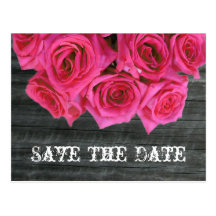 Save The Date Postcard - Hot Pink Roses & Barnwood