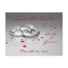 postcard - Save the Date postcards with silver wedding rings and red hearts.  Easy to use template - just enter the names of the Bride & Groom, along with the wedding date in the space provided.      