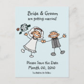 cute stick figure bride and groom Save the Date postcards 