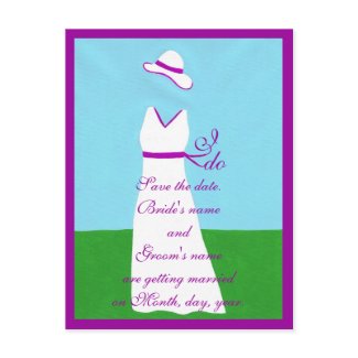 Save the date postcards, wedding dress, purple postcard