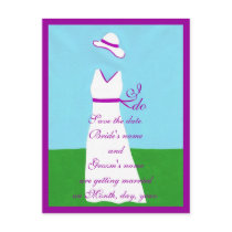 Save the date postcards, wedding dress, purple