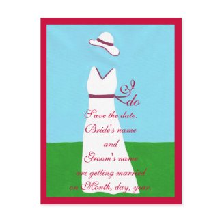 Save the date postcards, wedding dress, red postcard
