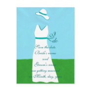 Save the date postcards, wedding dress, turquoise postcard