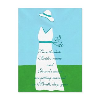 Save the date postcards, wedding dress, turquoise postcard