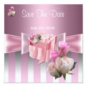Save The Date Pretty Satin Pink Silver Stripe Bow 5.25x5.25 Square Paper Invitation Card