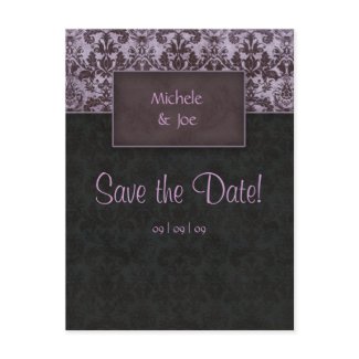 Save the Date Purple Black Damask Postcard 2 postcard