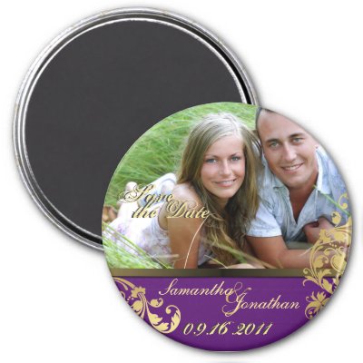 Save the Date Purple & Gold Shimmer Floral Magnet