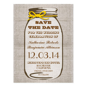 save the date rustic burlap mason jar postcards