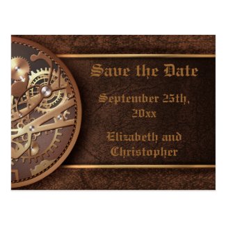 Save the date steampunk gears gold brown post cards
