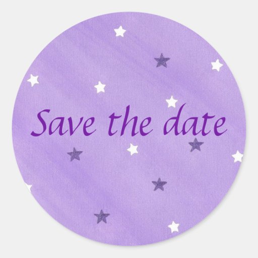 Save the date stickers, purple and white stars classic round sticker Zazzle